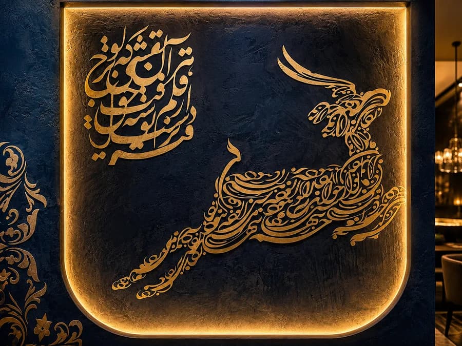 Persian gold calligraphy wall art in the restaurant